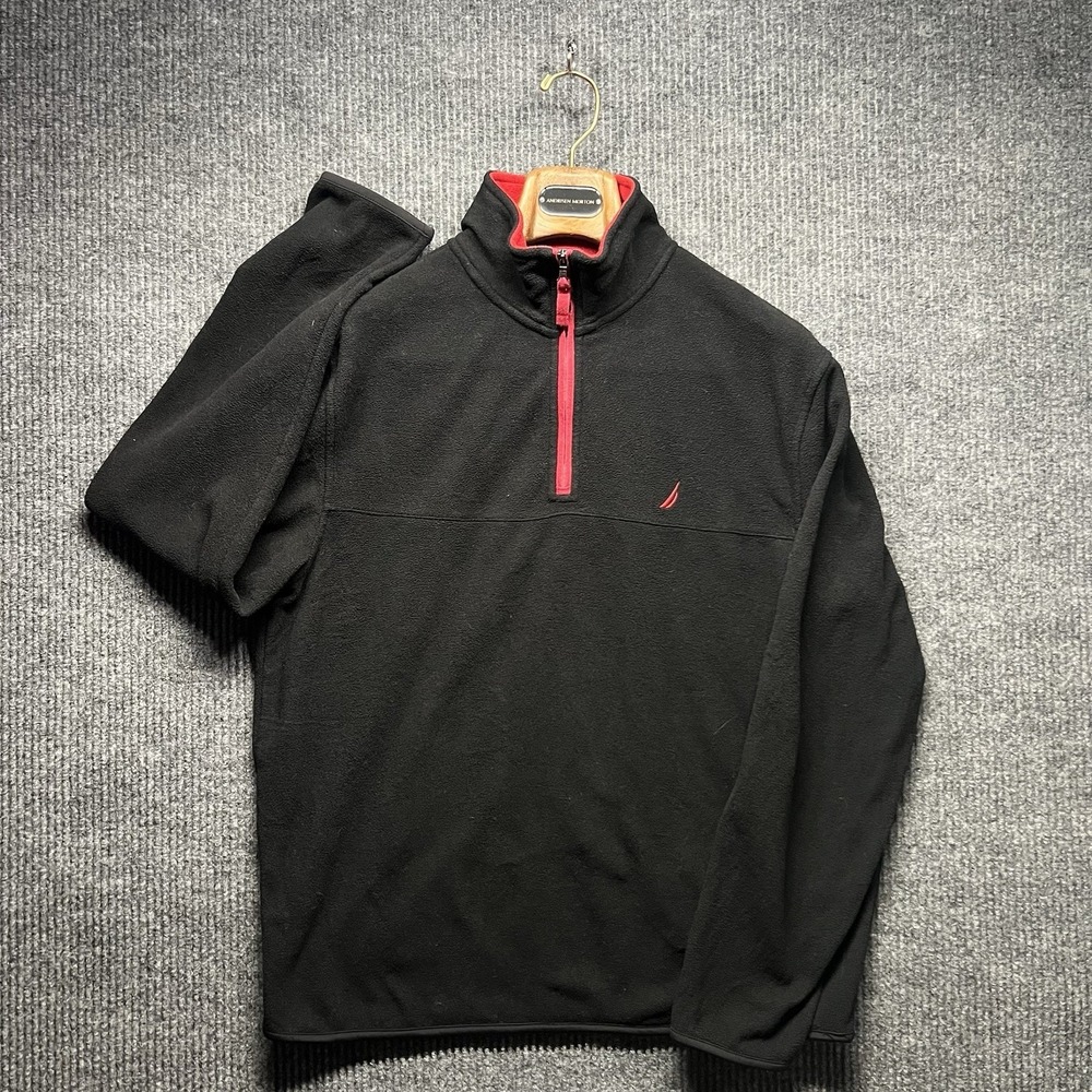 Nautica Fleece Quarter Zip Embroidered Neck Black Red Logo Size Large